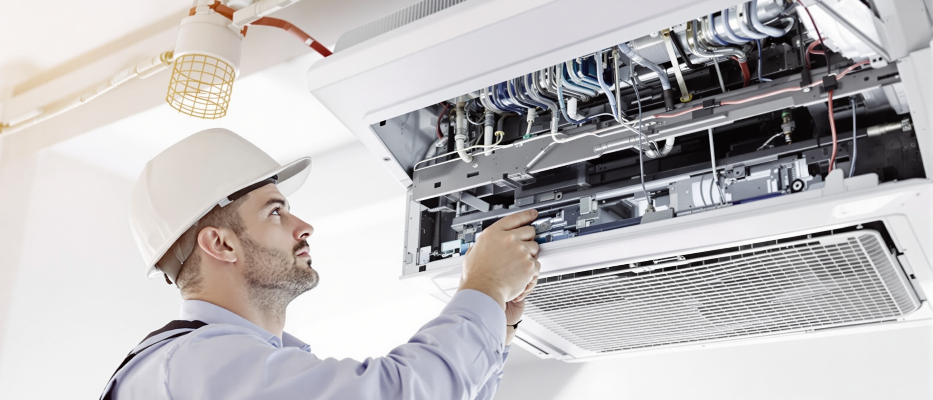 HVAC engineer performing scheduled maintenance on a commercial air conditioning system, London